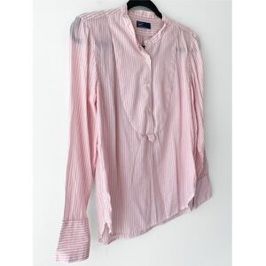 Gap‎ Womens Cotton Pinstripe Blouse M Pink Grandad Collar Lyocell Old Money